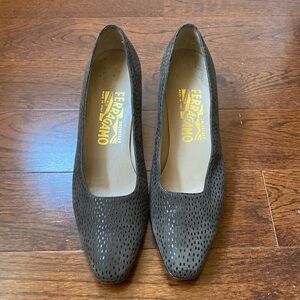 Ferragamo Size 6.5 Square Toe Pumps Green Brown with Shiny Flecks